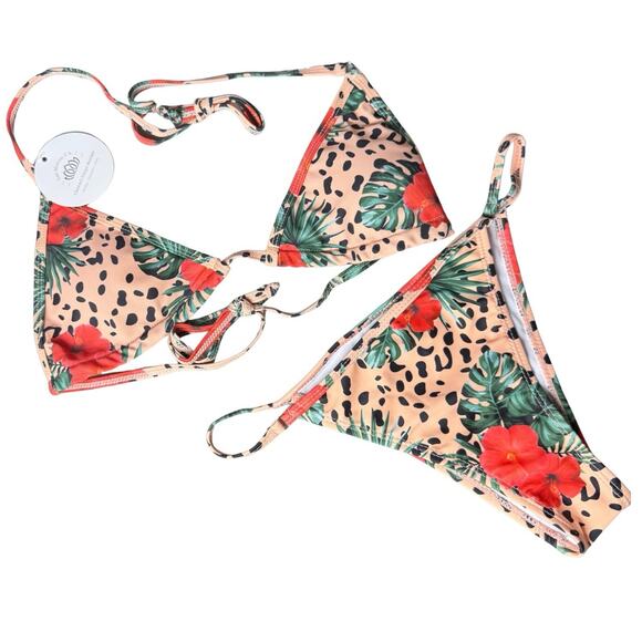 Boutique Leopard and Hibiscus Flower Print String Bikini Size M - Picture 1 of 9